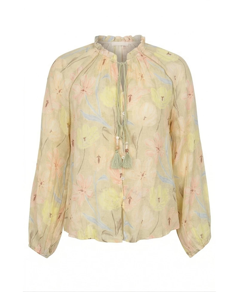 Modenaire Women's Floral Print Tassel-Tie Neck Long-Sleeve Blouse