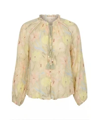 Modenaire Women's Floral Print Tassel-Tie Neck Long-Sleeve Blouse