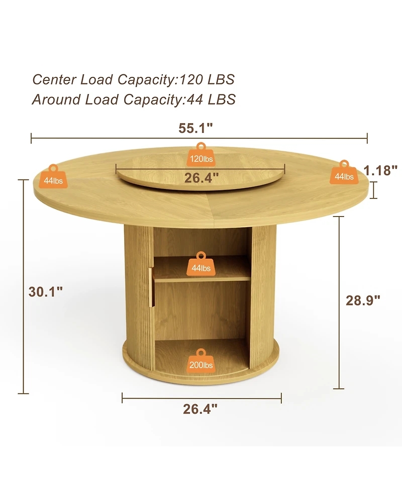 Rainsken Round Dining Table for 6 with a Rotating Tabletop Tray, 2-tier Storage Rack and Wooden Wavy-striped Sliding Doors Living Room