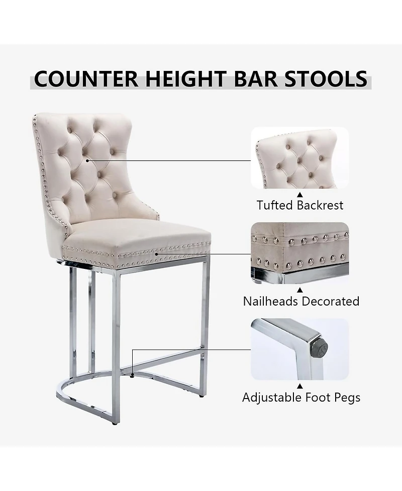 Rainsken Modern Velvet Bar Stools Set of 2, 26" Counter Height Chairs with Button Back, Nailhead Trim and Chromed Metal Legs for Kitchen Island