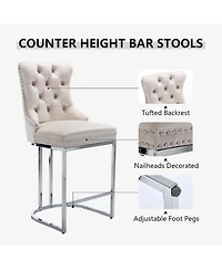 Rainsken Modern Velvet Bar Stools Set of 2, 26" Counter Height Chairs with Button Back, Nailhead Trim and Chromed Metal Legs for Kitchen Island