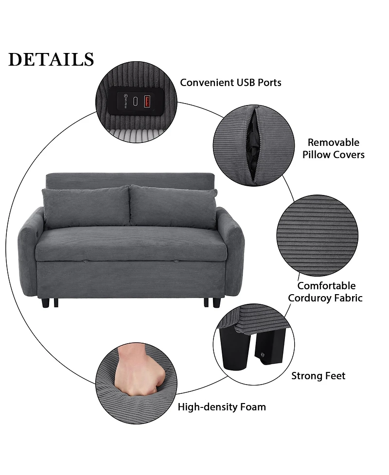 Rainsken 57.48" Pull-out Sofa Bed, Convertible Corduroy Couch with Adjustable Backrest, Usb Ports and 2 Pillows, Loveseat for Living Room