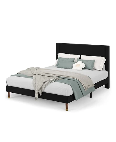 Homfan upholstered platform bed with headboard, modern low profile design, sturdy metal frame, wood slats, noise free, no box spring