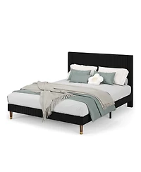 Homfan upholstered platform bed with headboard, modern low profile design, sturdy metal frame, wood slats, noise free, no box spring