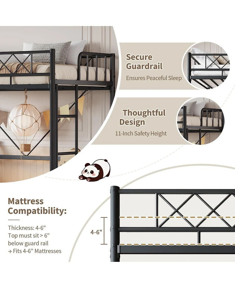 homfan Metal Loft Bed Frame with Arched Guardrail, Ladder and Underbed Space, Box Spring Not Required
