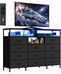gaomon Dresser for Bedroom with 11 Fabric Drawers, Featuring Power Outlet and Led Lights, Wooden Top