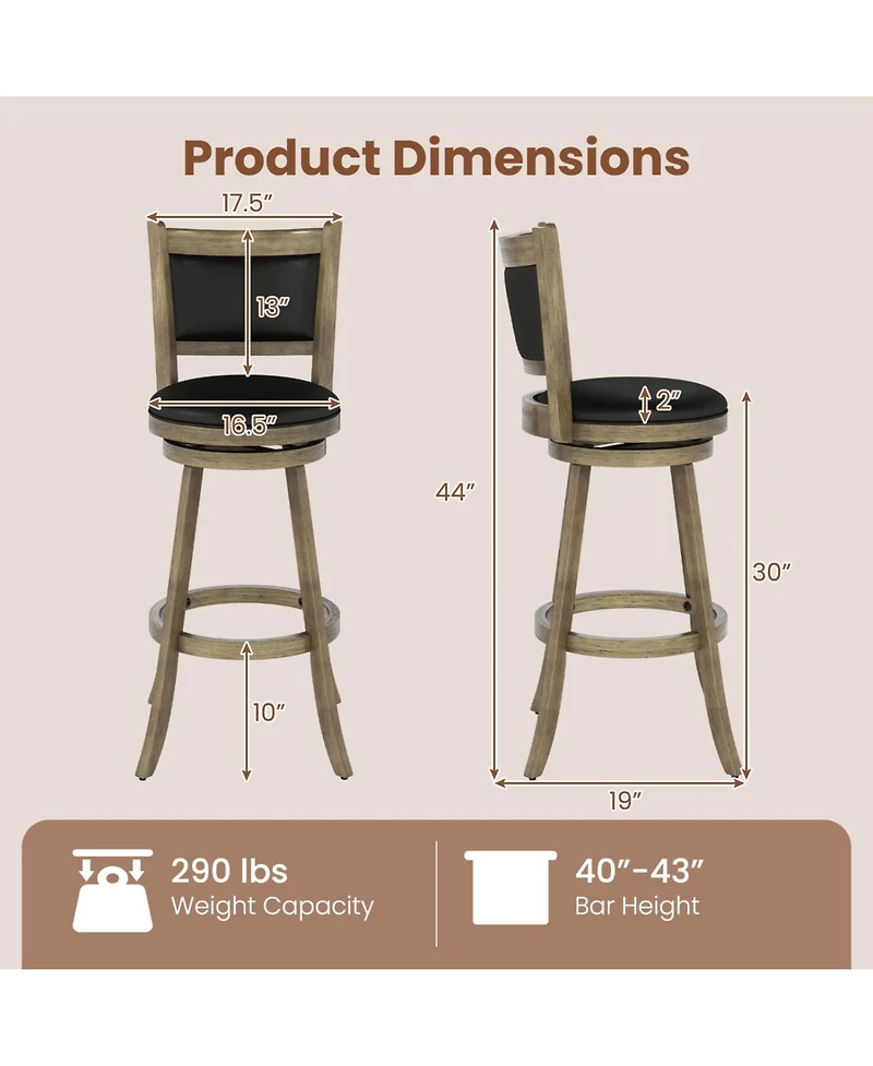 Slickblue 29 Inch Wooden Counter Height Stools 2 Piece Swivel Bar Chair Set