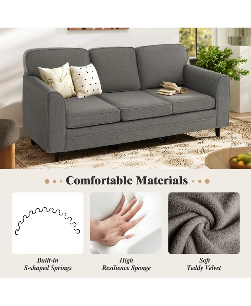 Gouun Teddy Velvet 3-Seat Sofa with Back Pillows and Rubber Wood Legs