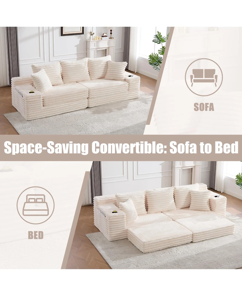 Rainsken Oversized Boneless Sofa with Cup Holder and Side Pockets, Corduroy Upholstered Couch 3 Pillows 2 Lumbar for Living Room