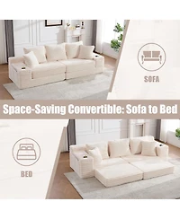 Rainsken Oversized Boneless Sofa with Cup Holder and Side Pockets, Corduroy Upholstered Couch 3 Pillows 2 Lumbar for Living Room