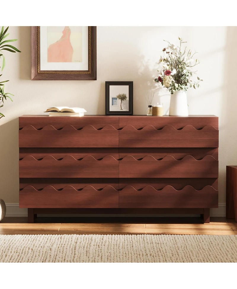 Rainsken 6 Drawer Dresser, Modern Tv Stand and Chest of Drawers with Wave Front Design, Anti-Tip Clothes Storage Organizer for Bedroom, Living Room