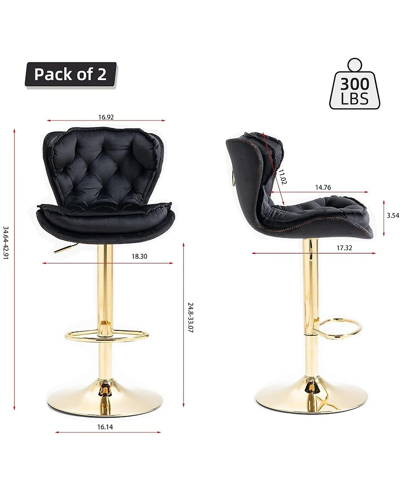 Rainsken Swivel Velvet Bar Stools Set of 2, Adjustable Counter Height Chairs with Chrome Footrest and Base for Kitchen Island, Home Pub