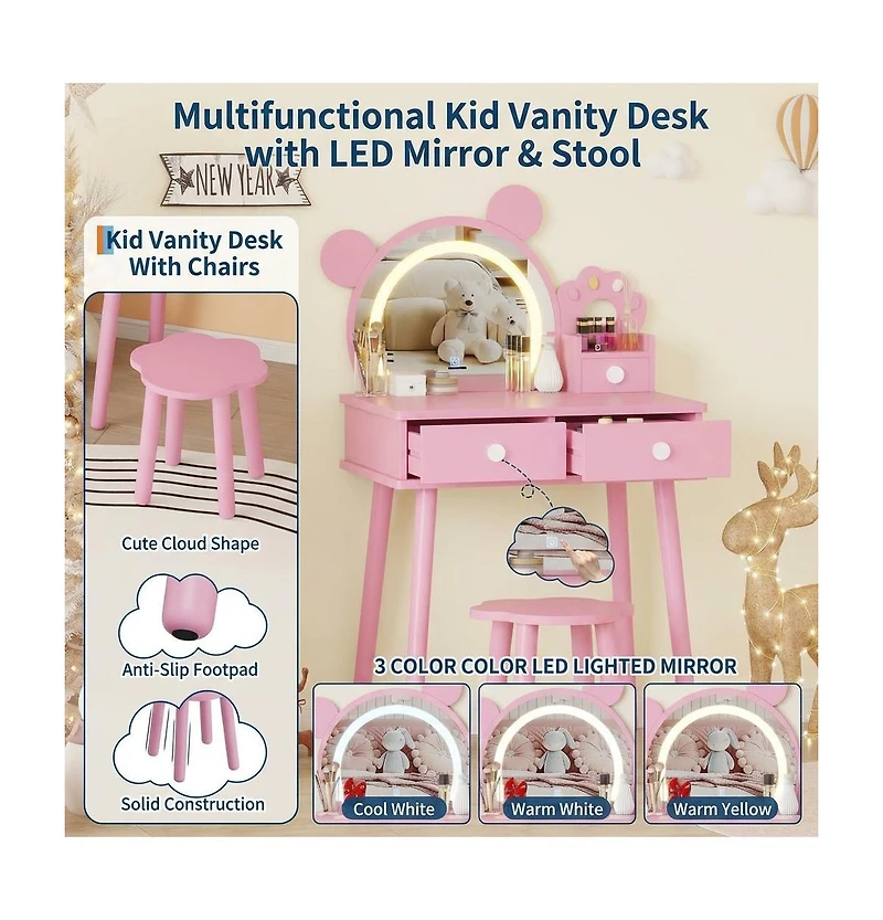 Homfan Bear-Shaped Lighted Mirror Kids Vanity Table and Chair Set - Wooden Princess Makeup Desk with Stool, Storage Drawers