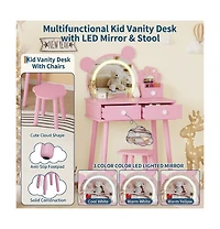 Homfan Bear-Shaped Lighted Mirror Kids Vanity Table and Chair Set - Wooden Princess Makeup Desk with Stool, Storage Drawers