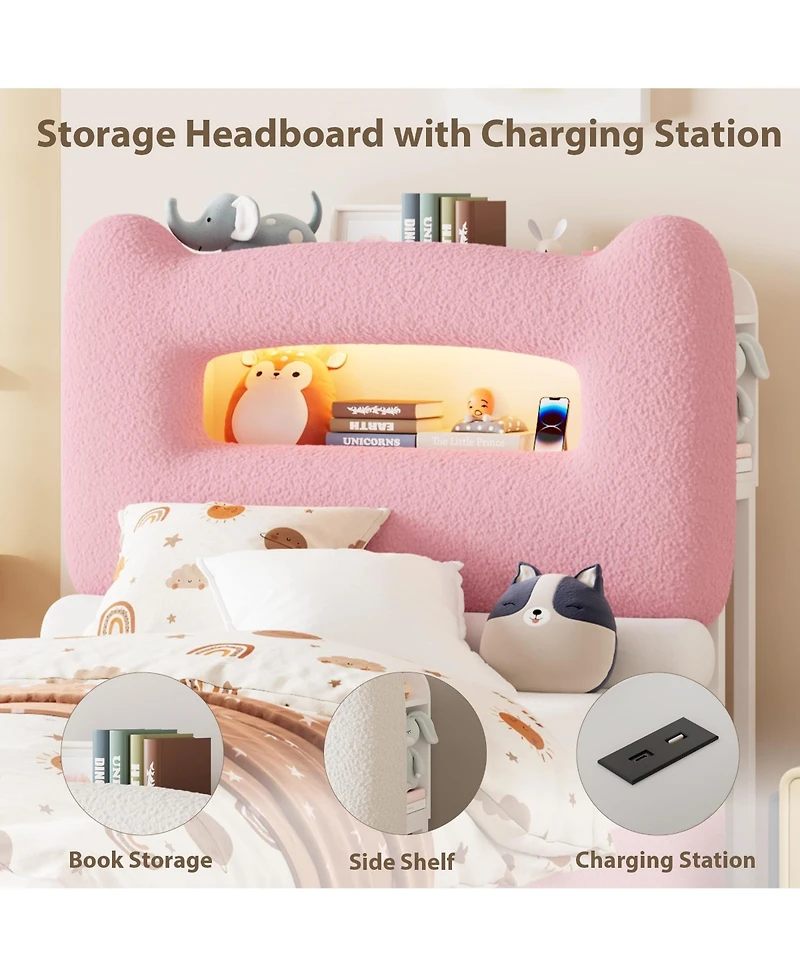 homfan Upholstered Bed Frame with Led Storage Headboard, Charging Station and Drawer, Box Spring Not Required