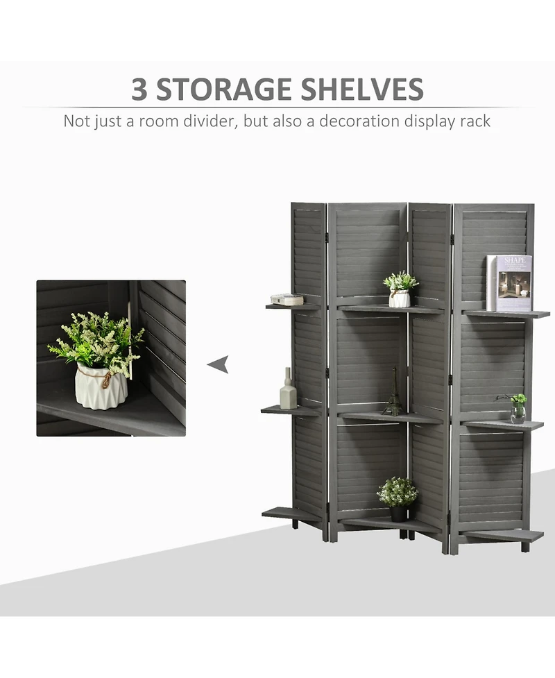 Rainsken 4 Panel Folding Room Divider, with Shelves, 5.6 Ft Freestanding Paulownia Wood, for Bedroom Home Office, No Assembly Required