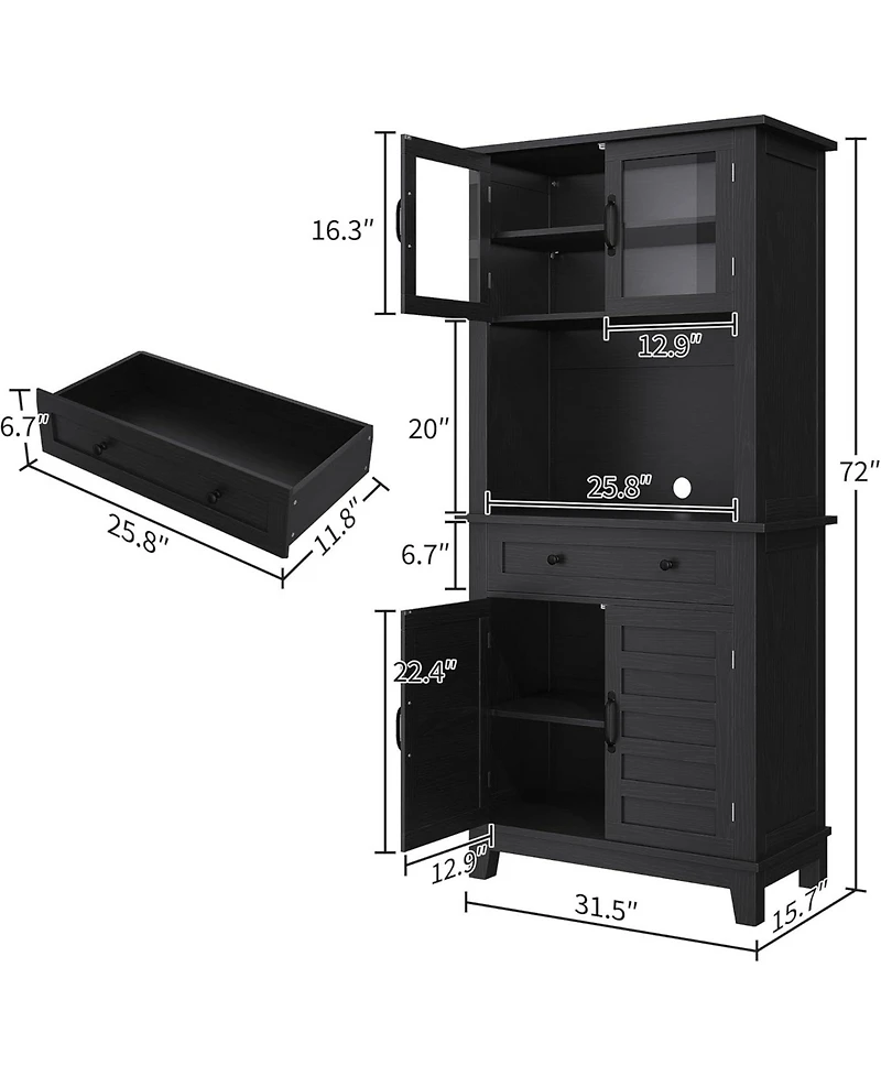 gaomon 72 Tall Kitchen Pantry Cabinet, Hutch Bar Cabinet with Microwave Stand, Cupboard Drawers Glass Doors for Dining Room