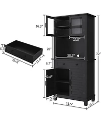 gaomon 72 Tall Kitchen Pantry Cabinet, Hutch Bar Cabinet with Microwave Stand, Cupboard Drawers Glass Doors for Dining Room