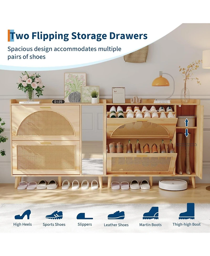 gaomon Natural Rattan Shoe Storage Cabinet,Hidden Shoe Rack Cabinet with 2 Flip Drawers, Mirror and Adjustable Shelves for Entryway, Hallway