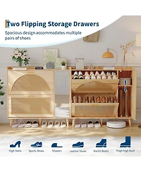 gaomon Natural Rattan Shoe Storage Cabinet,Hidden Shoe Rack Cabinet with 2 Flip Drawers, Mirror and Adjustable Shelves for Entryway, Hallway