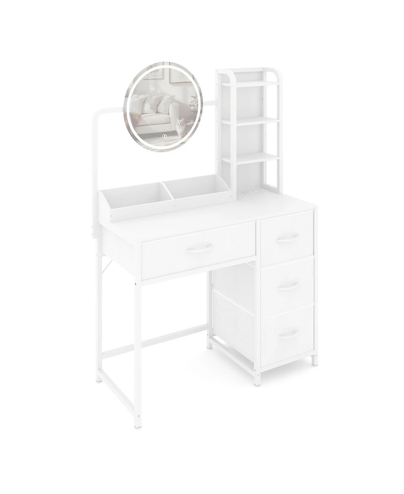 Homfan Modern Vanity Desk with Led Mirror, Adjustable Lights, Fabric Drawers, Power Outlet and Storage Shelves for Bedroom