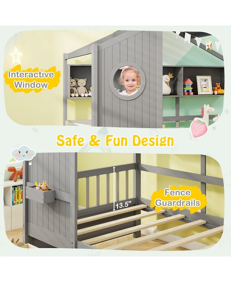 Slickblue Kids House Bed Frame with Storage Drawers and Safety Rails