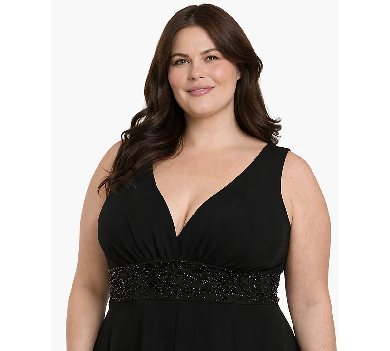 R & M Richards Plus Sleeveless V-Neck Tired Skirt Front Slit Dress