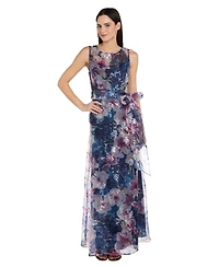 R & M Richards Petite Sequin Printed Self-Tie Sash Long Gown