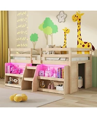 Slickblue Loft Bed Frame with Led Lights, Staircase Ladder and Safety Guardrails, Space Saver