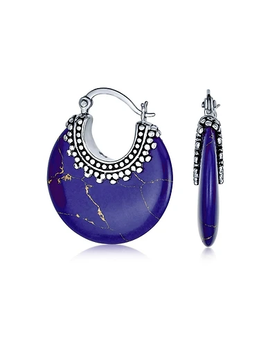 Bling Jewelry Lapis Turquoise Onyx Round Half Crescent Hoop Earrings Milgrain Sterling Silver Setting