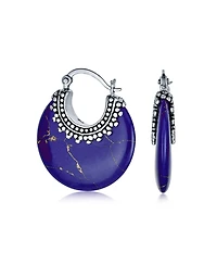 Bling Jewelry Lapis Turquoise Onyx Round Half Crescent Hoop Earrings Milgrain Sterling Silver Setting
