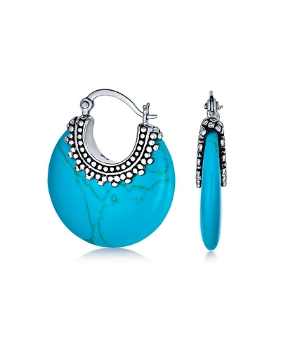 Bling Jewelry Lapis Turquoise Onyx Round Half Crescent Hoop Earrings Milgrain Sterling Silver Setting