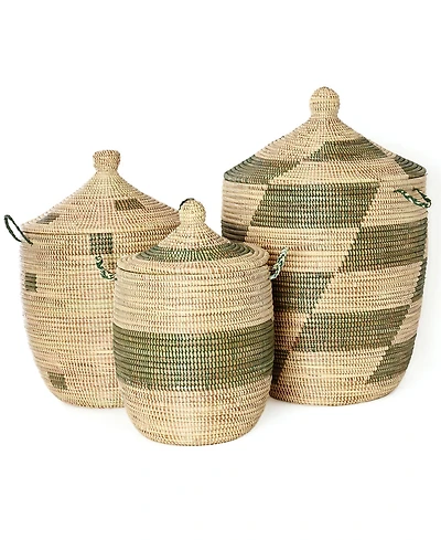 African Modern, Set of Three Green and Cream Mixed Pattern Hampers