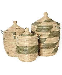 African Modern, Set of Three Green and Cream Mixed Pattern Hampers
