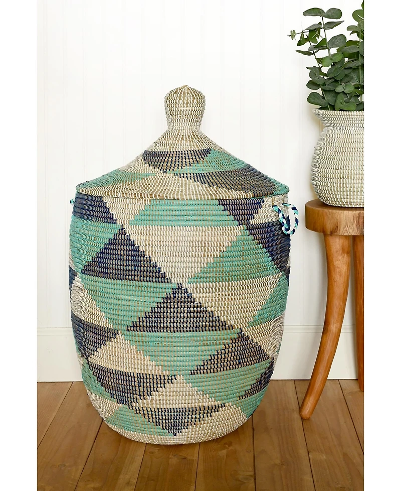 African Modern, Large Blue and White Triangles Lidded Hamper Basket