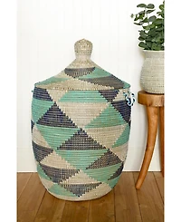 African Modern, Large Blue and White Triangles Lidded Hamper Basket