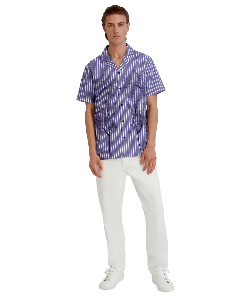 Karl Lagerfeld Paris Men's Printed Floral Stripe Camp Collar Shirt