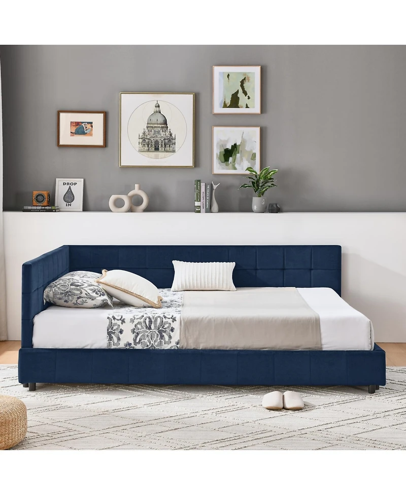 Rainsken Full Daybed L-Shaped, Modern Velvet Upholstered Sofa Day Bed, with Wood Slats, for Living Room Bedroom Guest Room, No Box Spring Needed