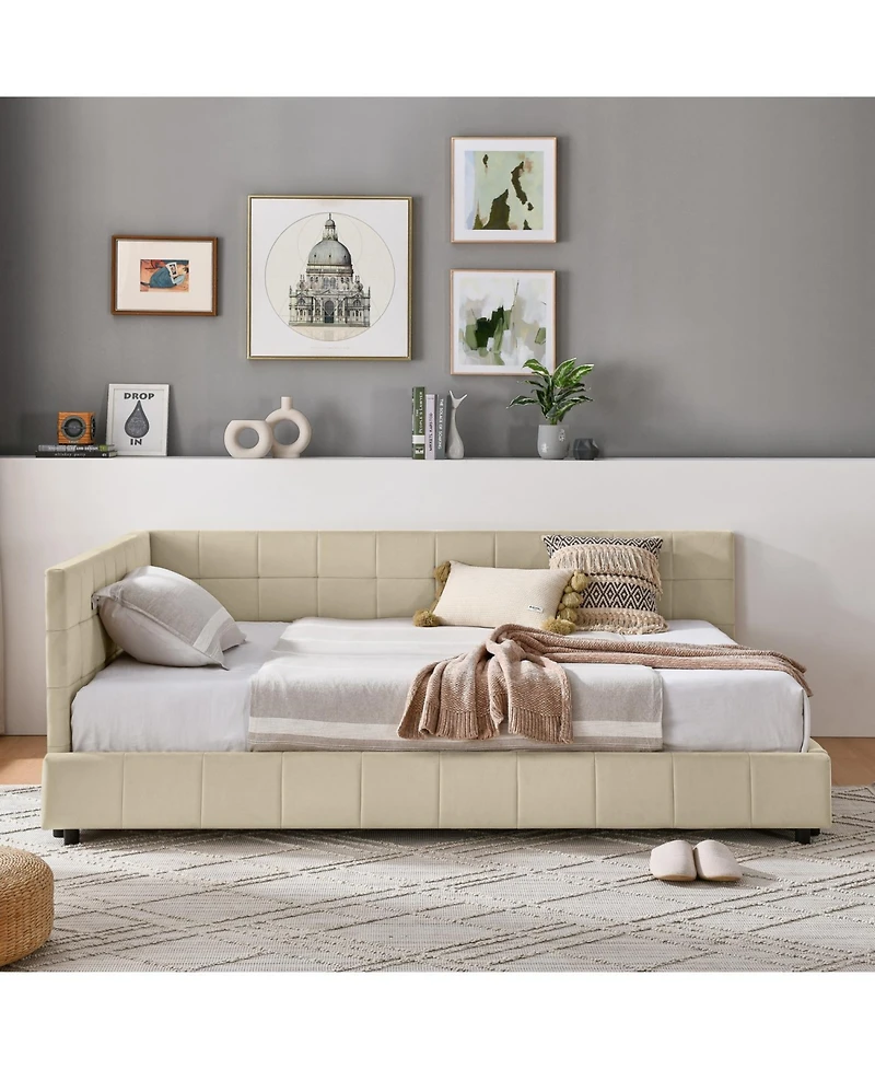 Rainsken Full Daybed L-Shaped, Modern Velvet Upholstered Sofa Day Bed, with Wood Slats, for Living Room Bedroom Guest Room, No Box Spring Needed