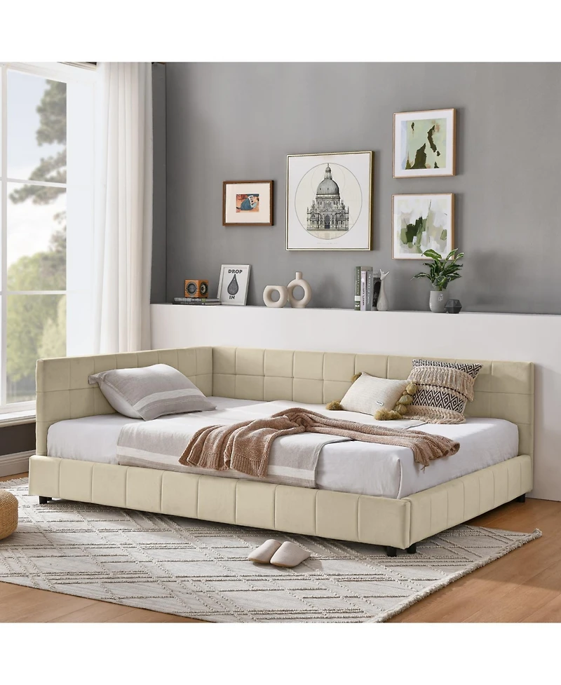 Rainsken Full Daybed L-Shaped, Modern Velvet Upholstered Sofa Day Bed, with Wood Slats, for Living Room Bedroom Guest Room, No Box Spring Needed