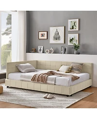 Rainsken Full Daybed L-Shaped, Modern Velvet Upholstered Sofa Day Bed, with Wood Slats, for Living Room Bedroom Guest Room, No Box Spring Needed