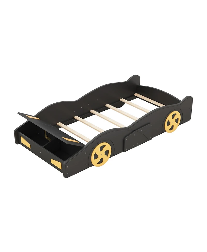 Rainsken Race Car Shaped Platform Bed, with Wheels and Storage, Wood Bed Frame, No Box Spring Needed