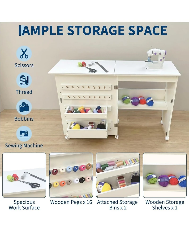 gaomon Folding Sewing Table, Sewing Machine Table with Wheels, Storage Shelves, Trays, Wooden Pegs, Magnetic Door Catch
