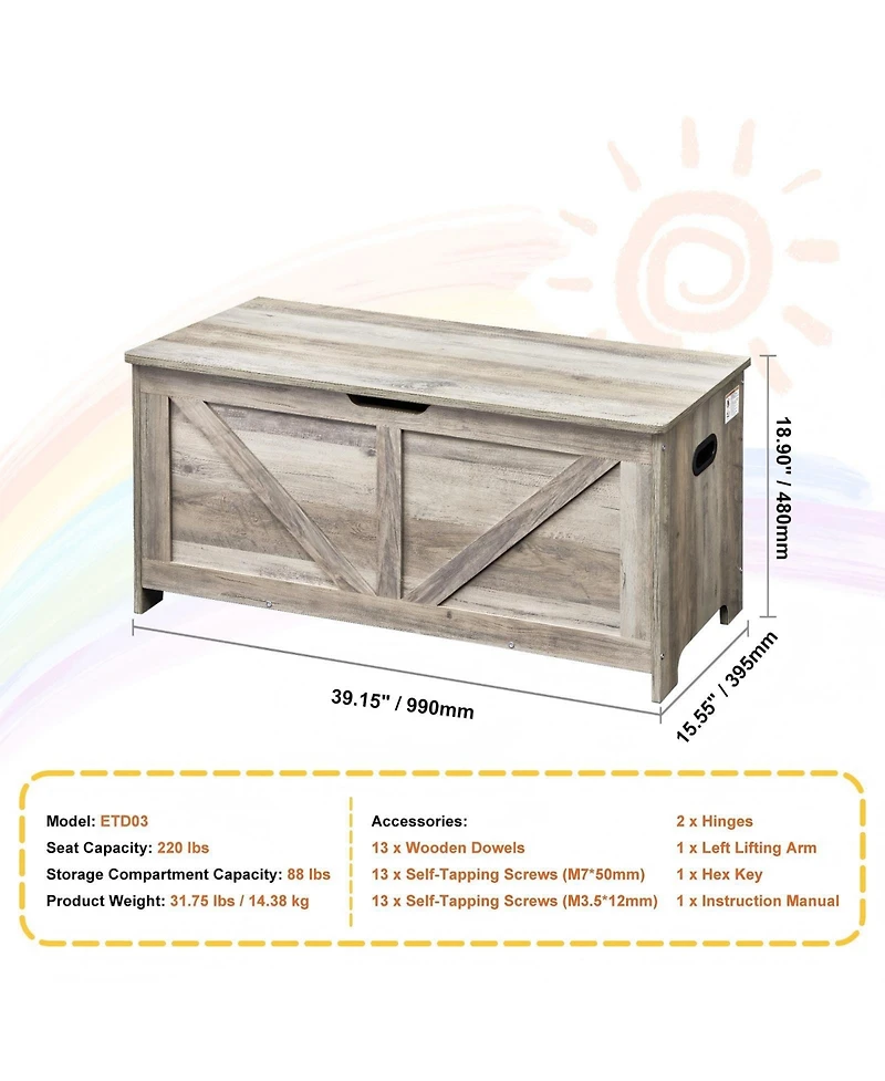 Gouun Wooden Toy Chest for Kids with Safety Hinge Flip Top Lid and Bench Seat