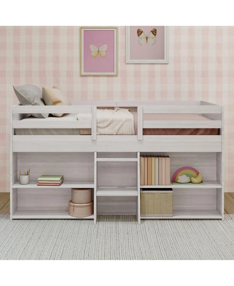 Max & Lily Solid Wood Modern Farmhouse Low Loft Bed, Bed Frame for Kids with 2 Bookcases