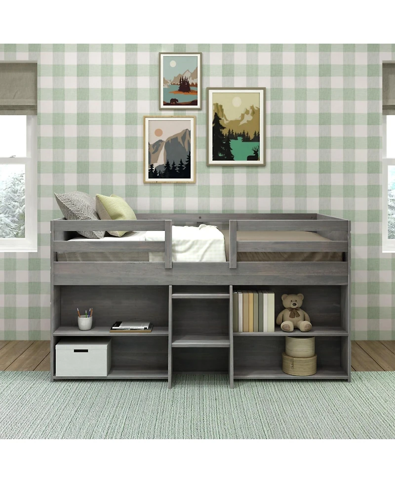 Max & Lily Solid Wood Modern Farmhouse Low Loft Bed, Bed Frame for Kids with 2 Bookcases