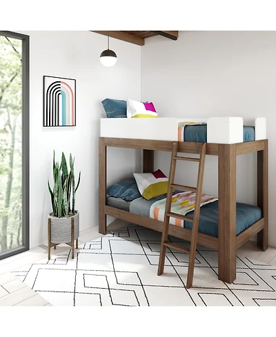 Max & Lily Bunk Bed, Mid-Century Modern Twin over Twin Solid Wood Bed Frame for Kids
