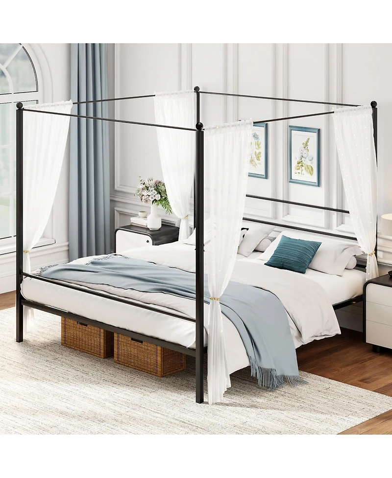 Gymax King Metal Canopy Platform Bed Frame Mattress Foundation w/ Slat Support
