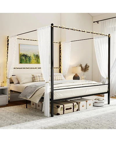 Gymax King Metal Canopy Platform Bed Frame Mattress Foundation w/ Slat Support