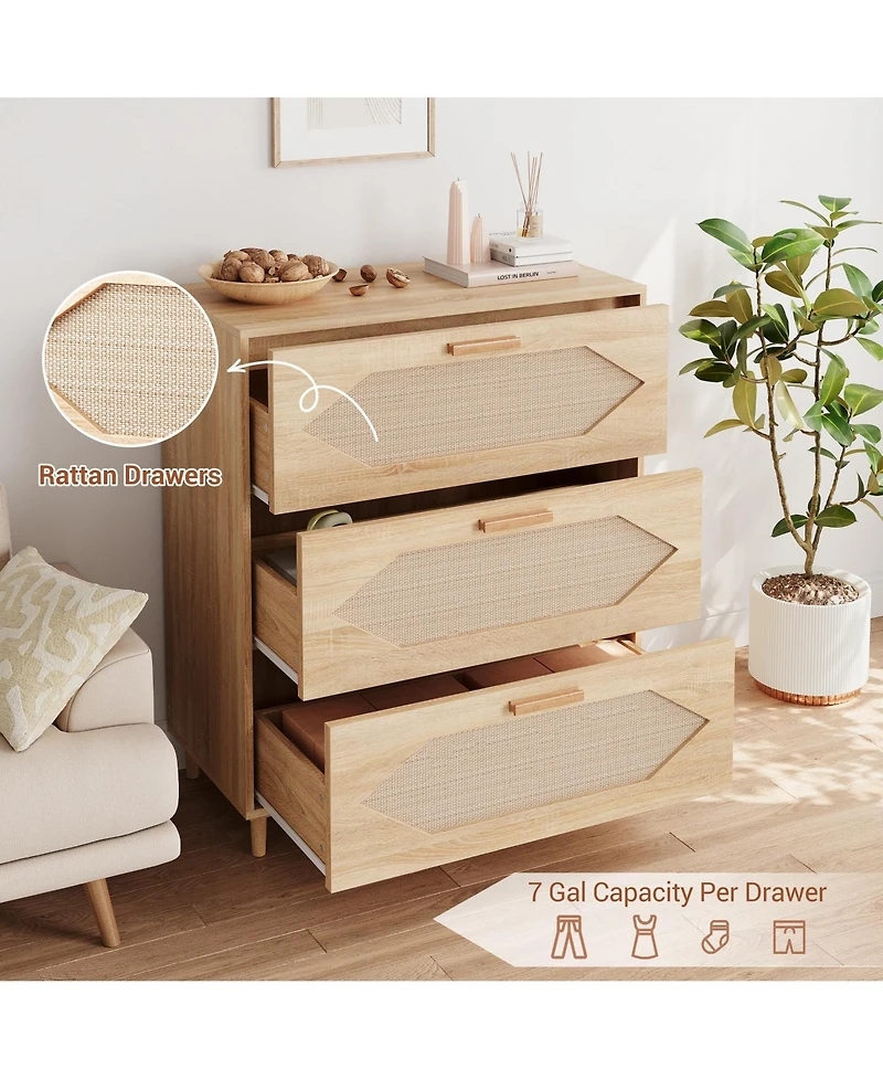 gaomon 3 Drawer Rattan Dresser for Bedroom, Modern Wood Chest of Drawers with Rattan Accents